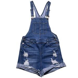 RUE 21 Women's Distressed Stretch Denim Blue Jean Shortalls Size 16 Strappy